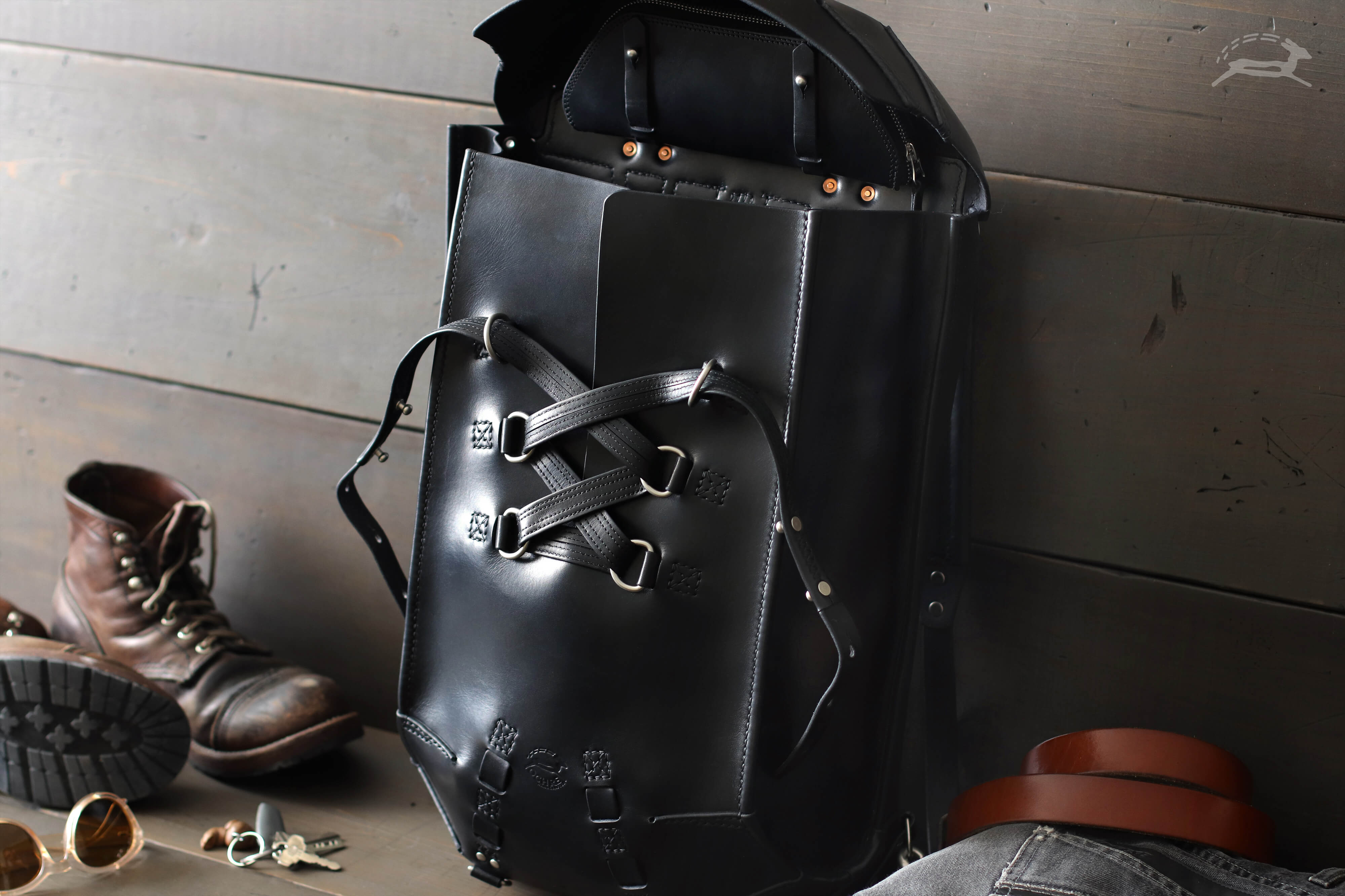 Stealth Black Leather Rucksack edc - OCHRE handcrafted